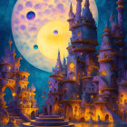 Fantasy night scene with moon, airship, and whimsical houses