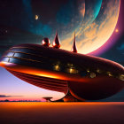 Futuristic spaceship on barren landscape with planet and moon in starlit sky