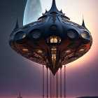 Fantastical airship with spires and glowing windows in twilight sky