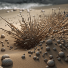 3D-rendered spiny sea urchin structures on sandy beach