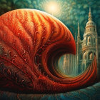 Fantasy artwork with large red leaf, glowing sun, and towering castle