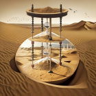 Hourglass buried in sand dunes with sand trickling down under clear sky