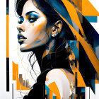 Stylized portrait of woman with blue and orange accents against abstract cityscape