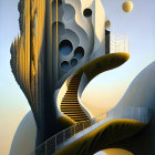 Surreal architectural structure with organic curves and floating spheres at sunset