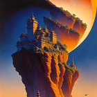 Fantastical cliffside city with towering spires under giant planet at sunset