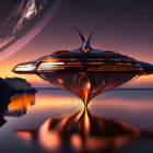 Futuristic spaceship hovers over tranquil water at twilight