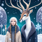 Woman with winter crown beside majestic deer in snowy forest at night