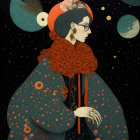 Illustrated woman with ornate headdress on starry celestial background