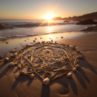 Geometric stick and stone pattern on beach at sunset