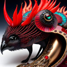 Detailed artwork: Fantastical bird with red crest, eye-like feathers, and golden decorations.