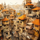 Sepia-toned town with orange roofs and domes under bird-filled sky