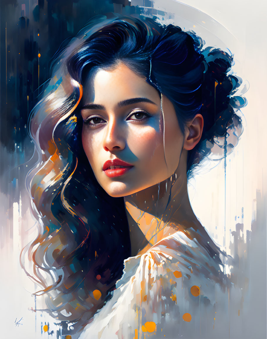 Dark-haired woman in vibrant digital painting.