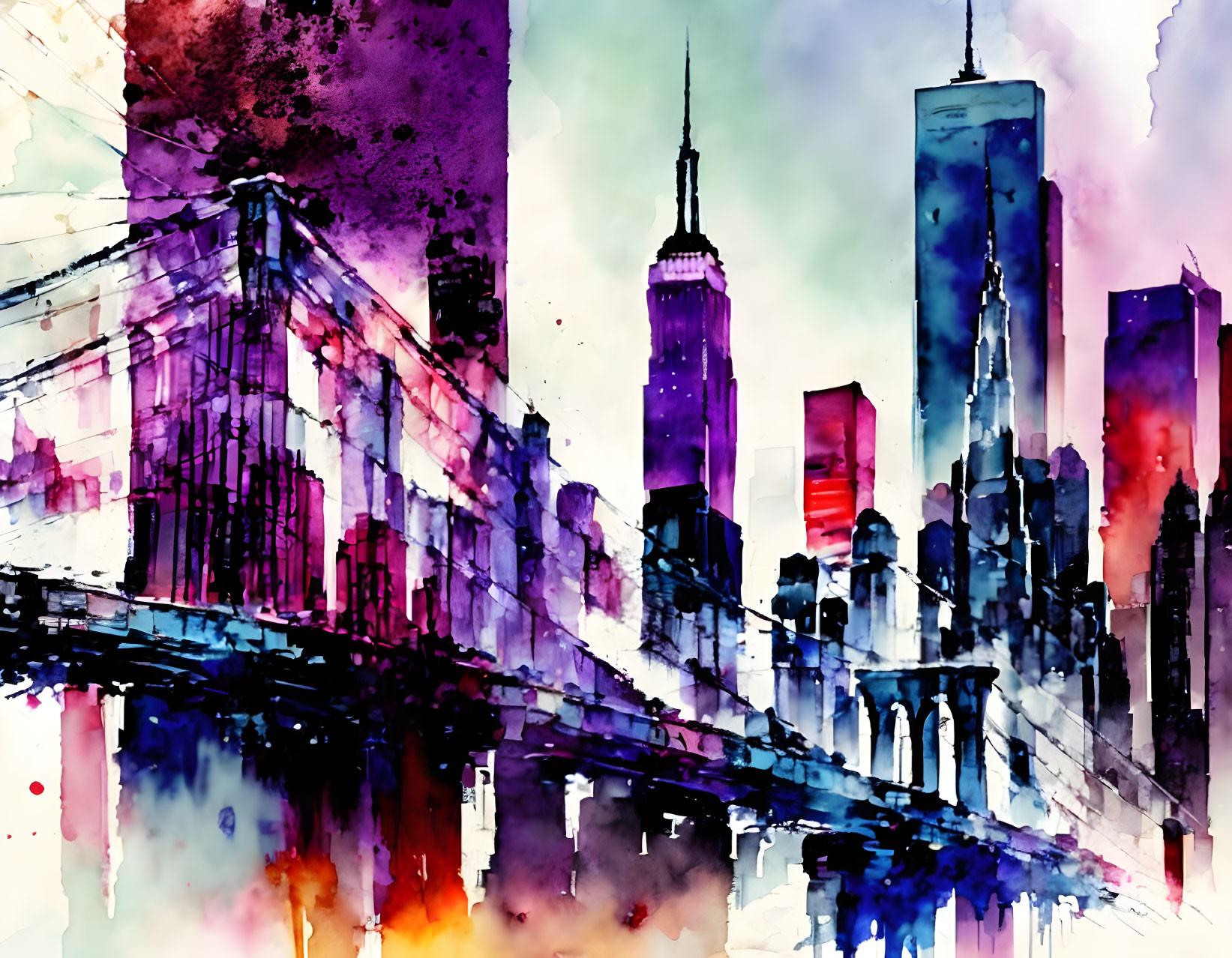 Vibrant watercolor urban skyline with bridge in pink, purple, and blue