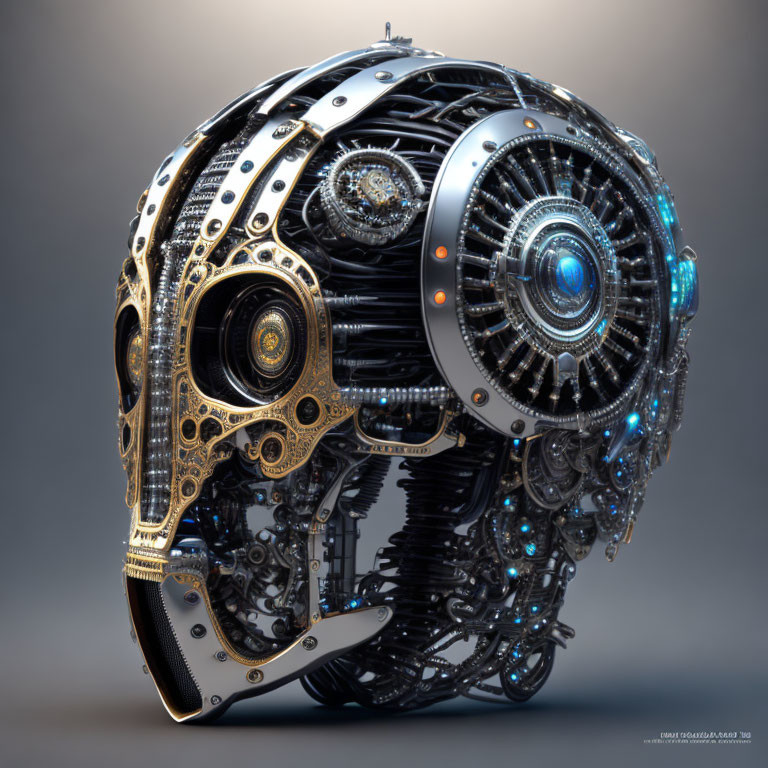 Detailed Mechanical Skull with Gears and Glowing Blue Elements