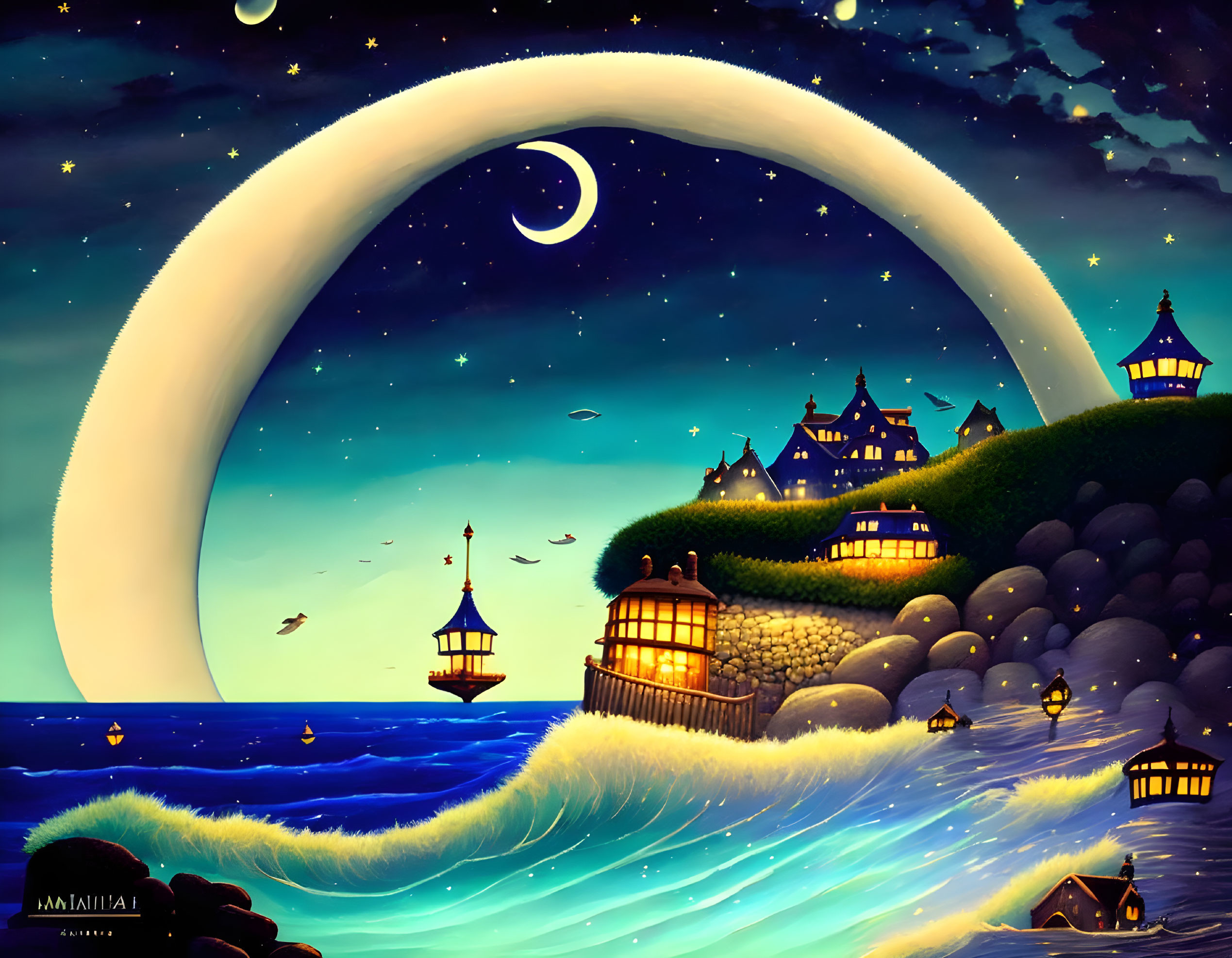 Nighttime seascape with crescent moon, glowing hillside houses, rough waves, and flying bird