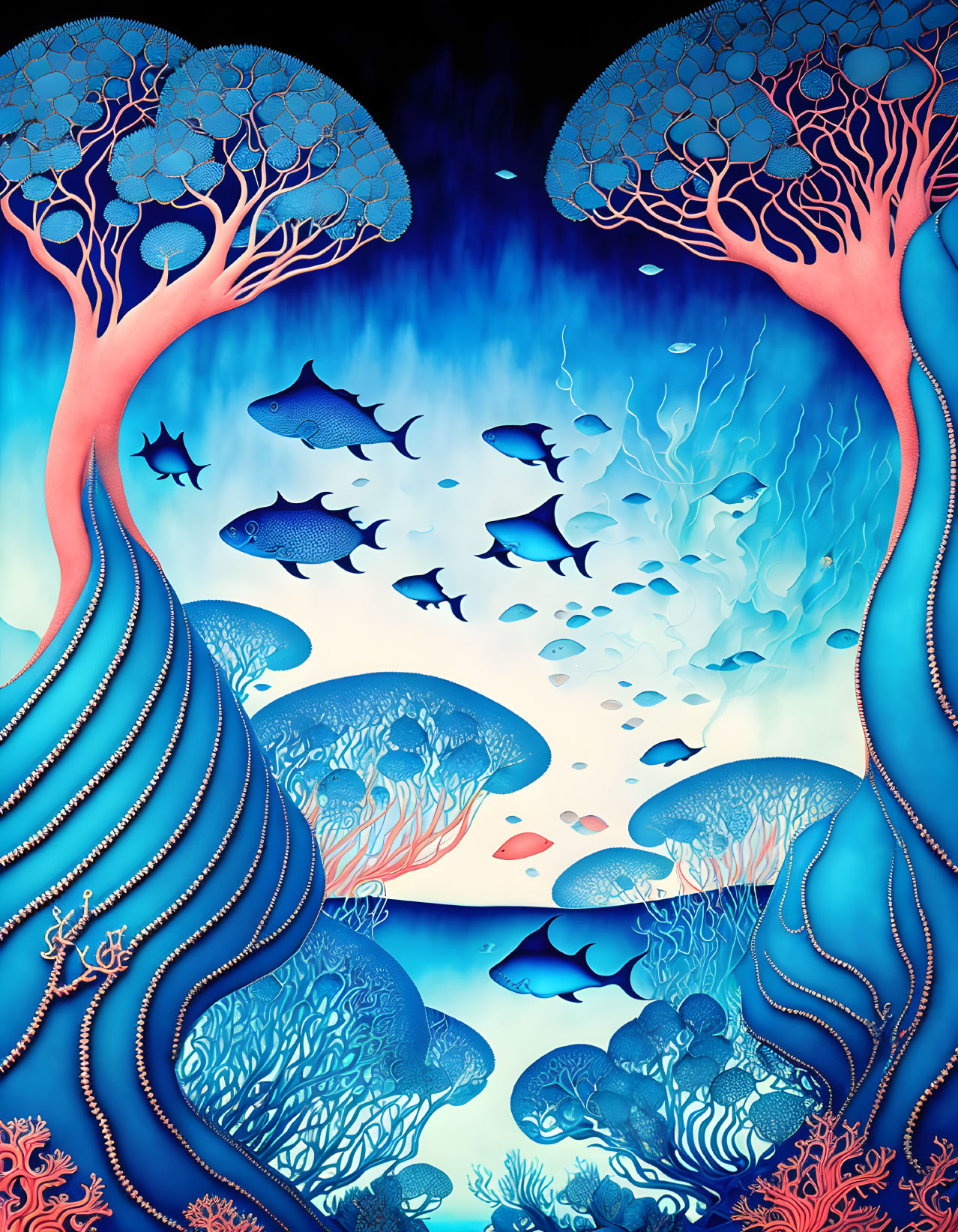 Colorful Underwater Scene with Stylized Trees, Fish, Coral, and Aquatic Plants in