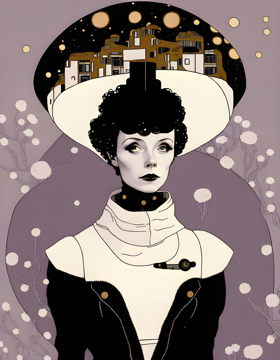 Stylized illustration of woman with bob haircut in vintage clothing surrounded by ornate snowy village scene