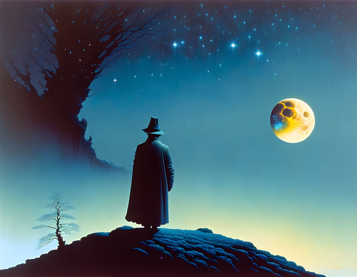 Mysterious figure in hat and cloak under starry sky with large moon and bare tree