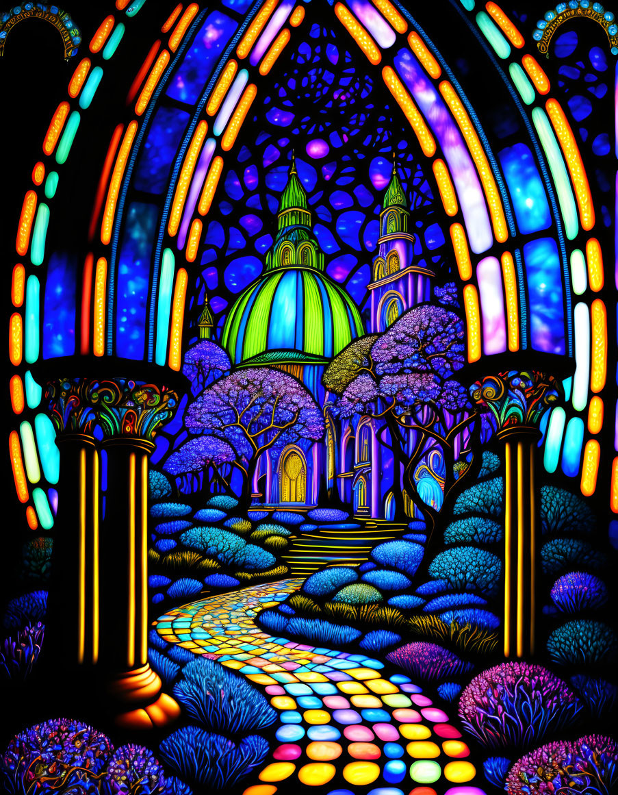 Colorful Stained Glass Window Depicting Pathway to Cathedral