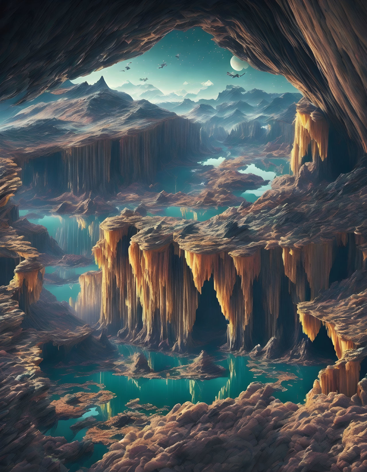 Majestic underground cave with stalactites, turquoise lakes, mountains, and celestial sky