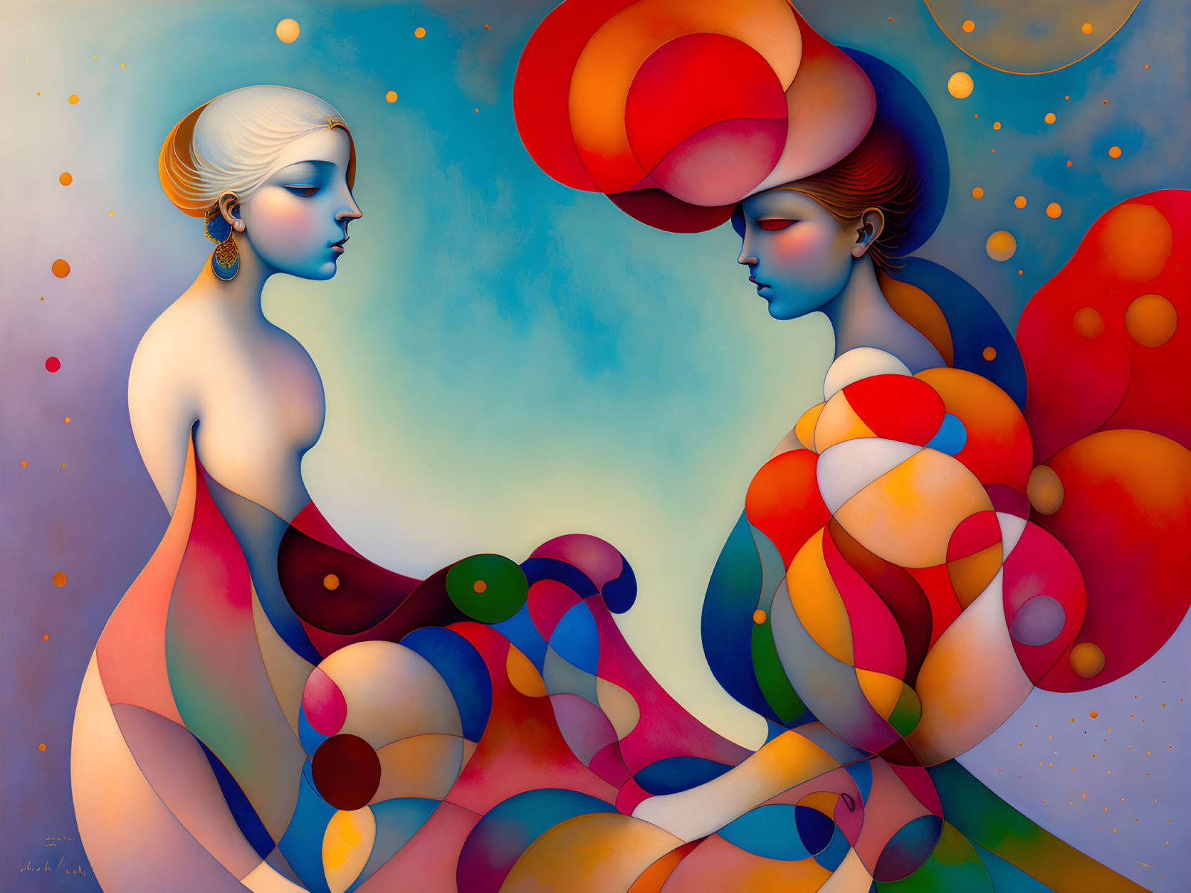 Stylized female figures in colorful attire on blue backdrop with orbs