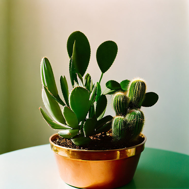 Sunlit Potted Cactus and Succulent Arrangement with Soft Shadow