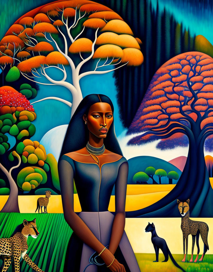 Stylized artwork of woman, cheetahs, and dog in nature scene