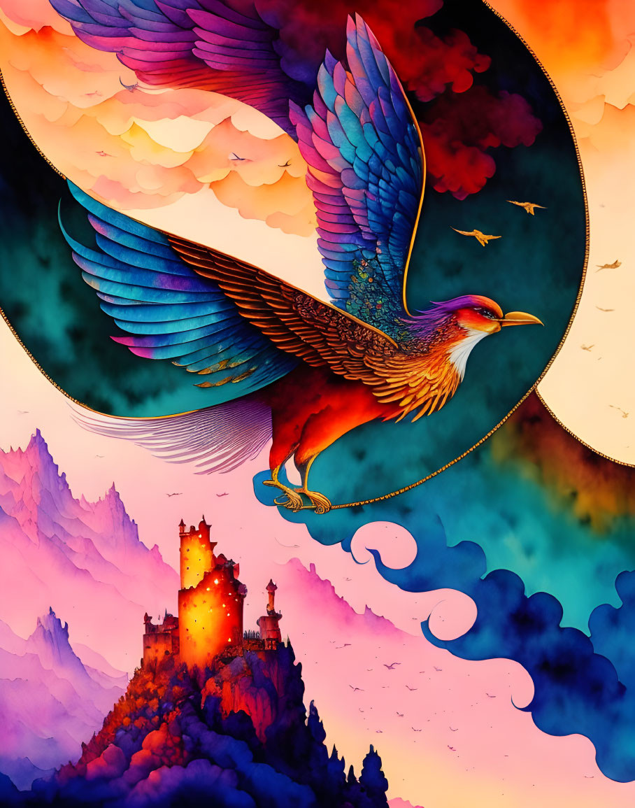 Majestic phoenix flying over colorful fantasy landscape