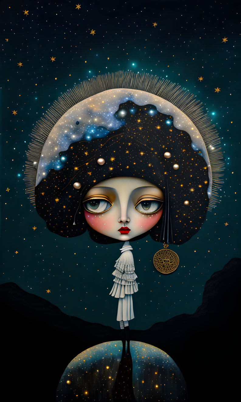 Illustrated character with cosmic-themed head and striped dress under starry night sky