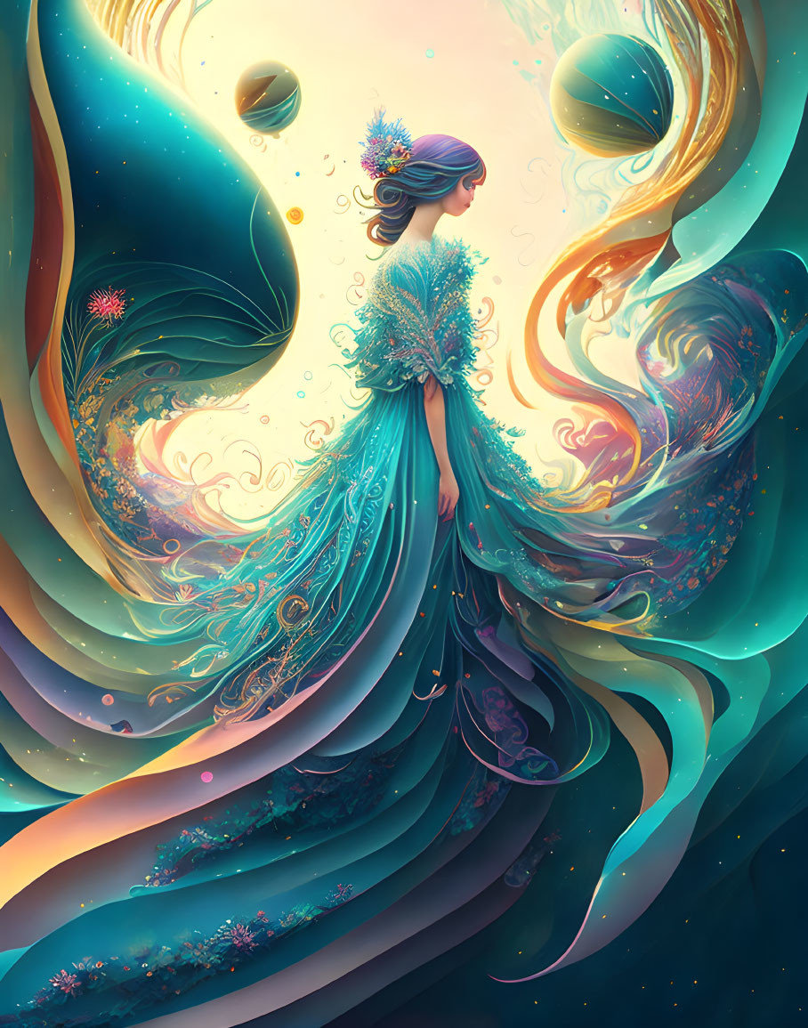 Ethereal illustration of woman in peacock gown with celestial backdrop