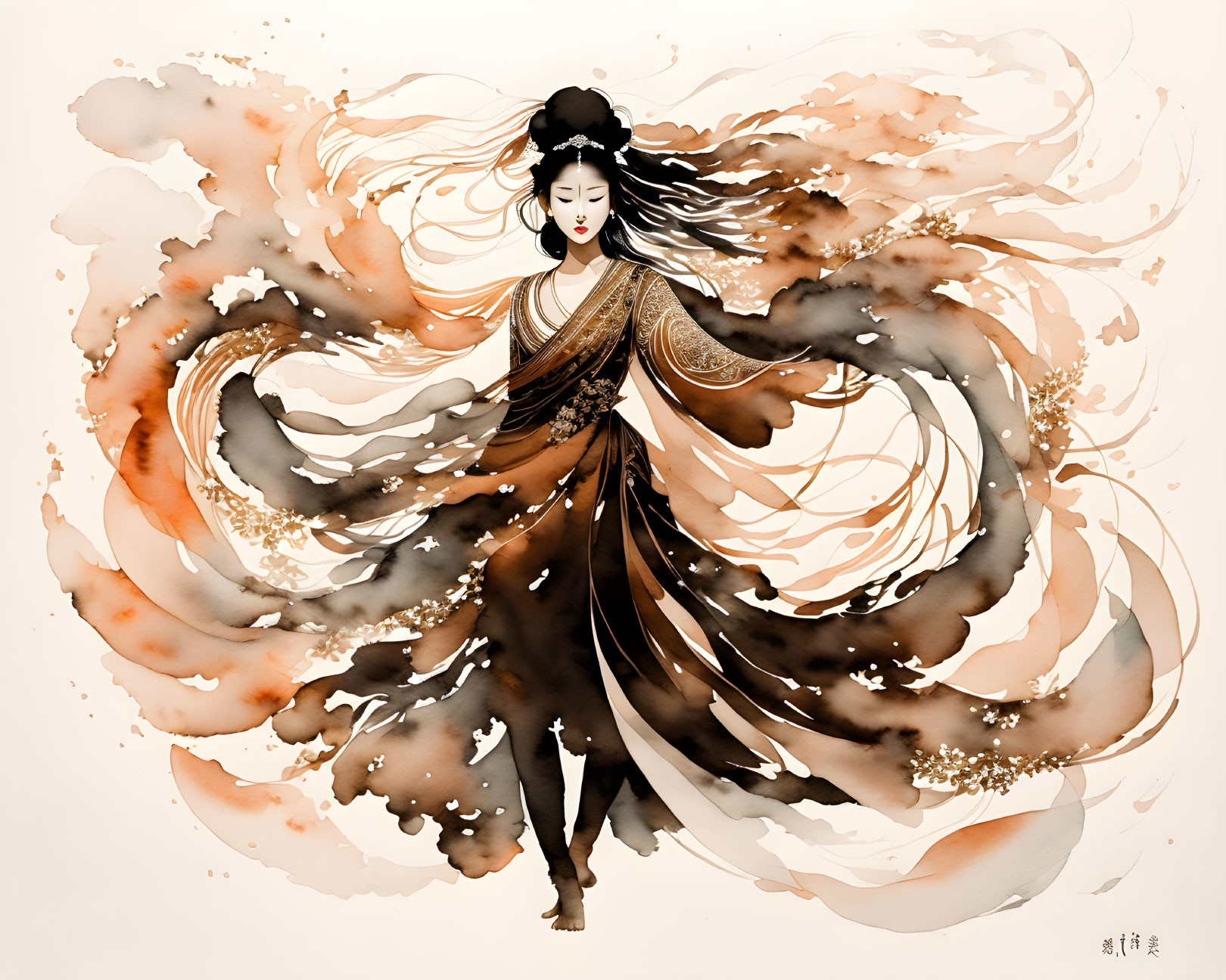 Woman in flowing garments merging with earthy watercolor swirls and gold accents