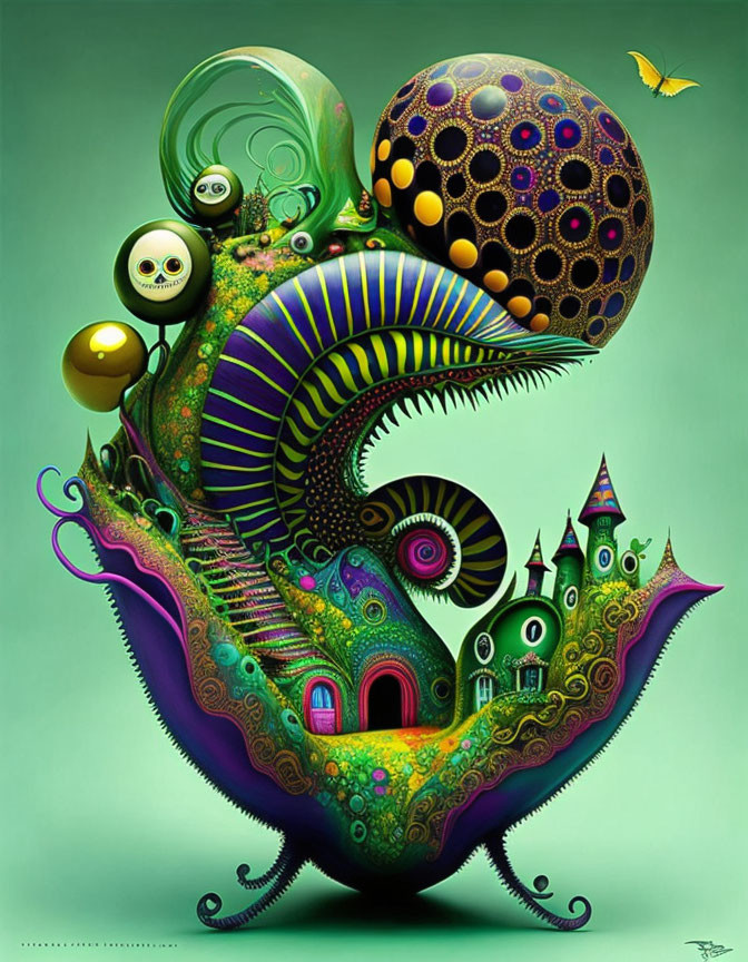 Colorful psychedelic artwork: abstract creature, spiral patterns, whimsical houses, orbs, butterfly