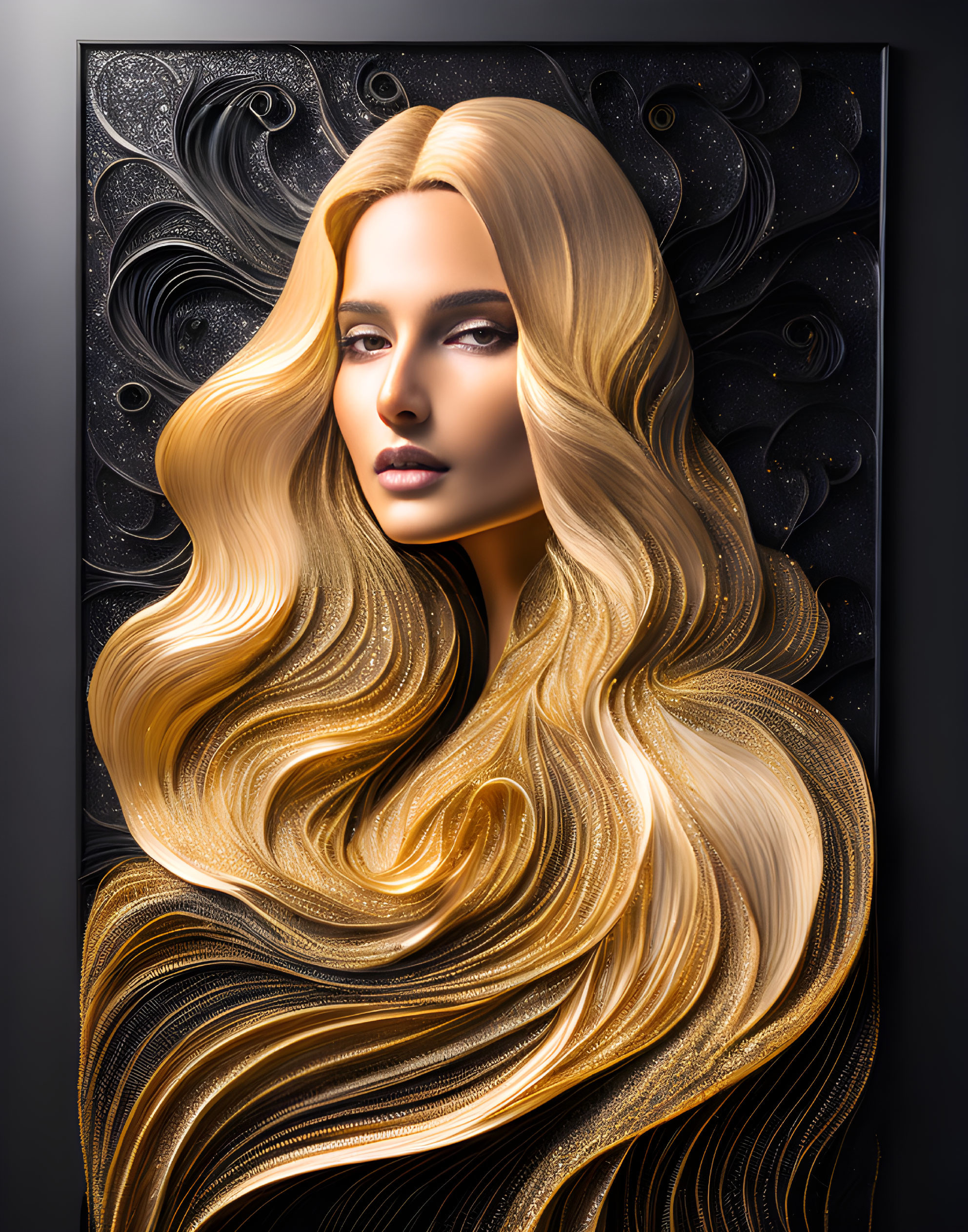 Stylized digital portrait of a woman with golden hair on abstract black and gold background