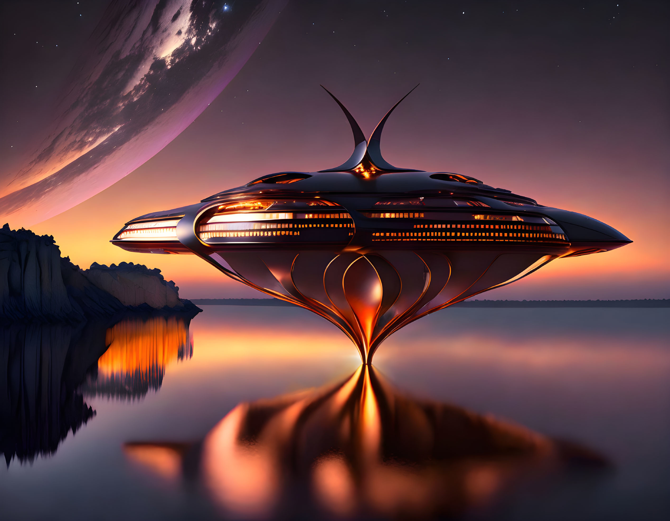 Futuristic spaceship hovers over tranquil water at twilight