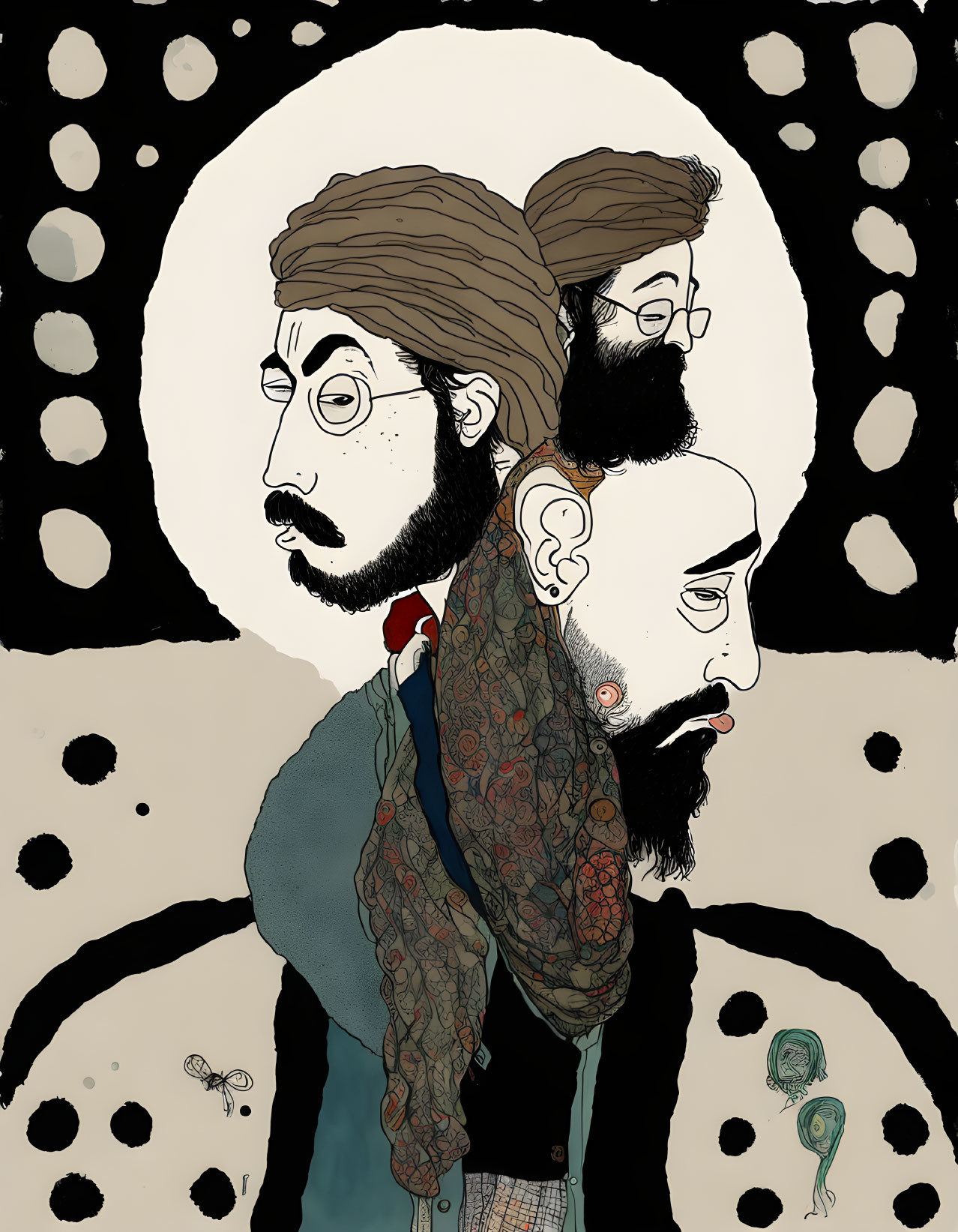 Triple-merged profile of men with beards and turbans on patterned clothing, set against a