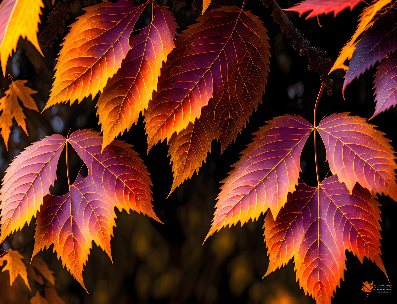 Colorful Autumn Leaves Backlit in Warm Light