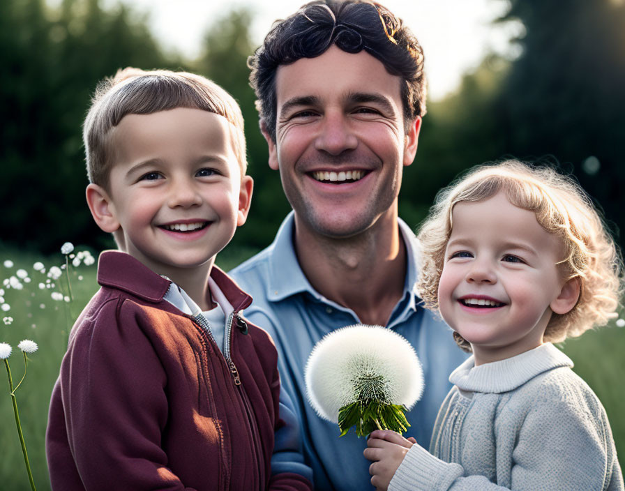 Curly-Haired Father with Kids Holding Dandelions in Green Field