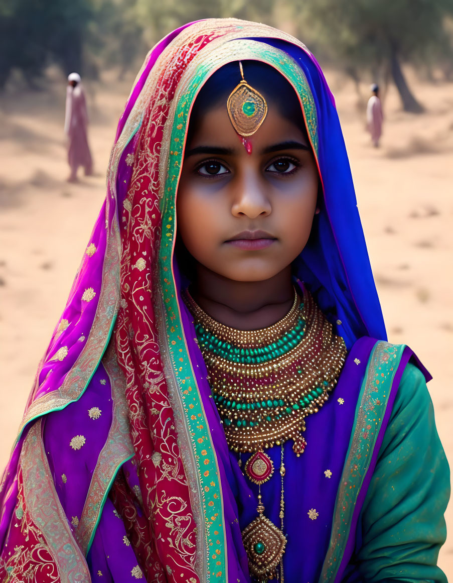 Young girl in vibrant Indian attire with pink and blue veil against sandy background.