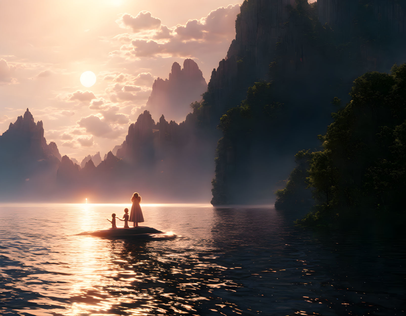 Serene sunset scene on small boat amidst towering cliffs