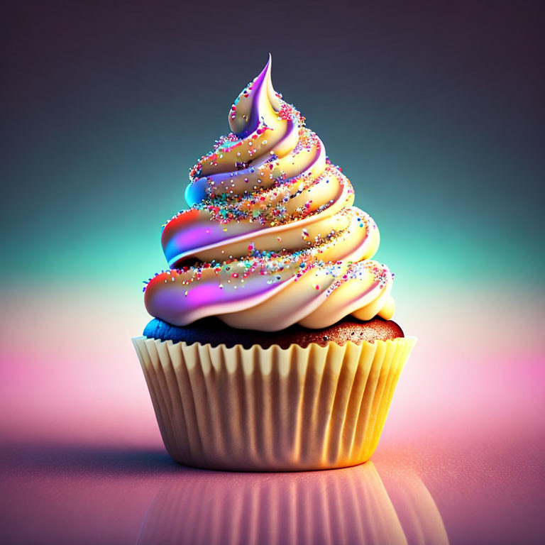 Colorful swirl-topped cupcake with sprinkles on gradient background