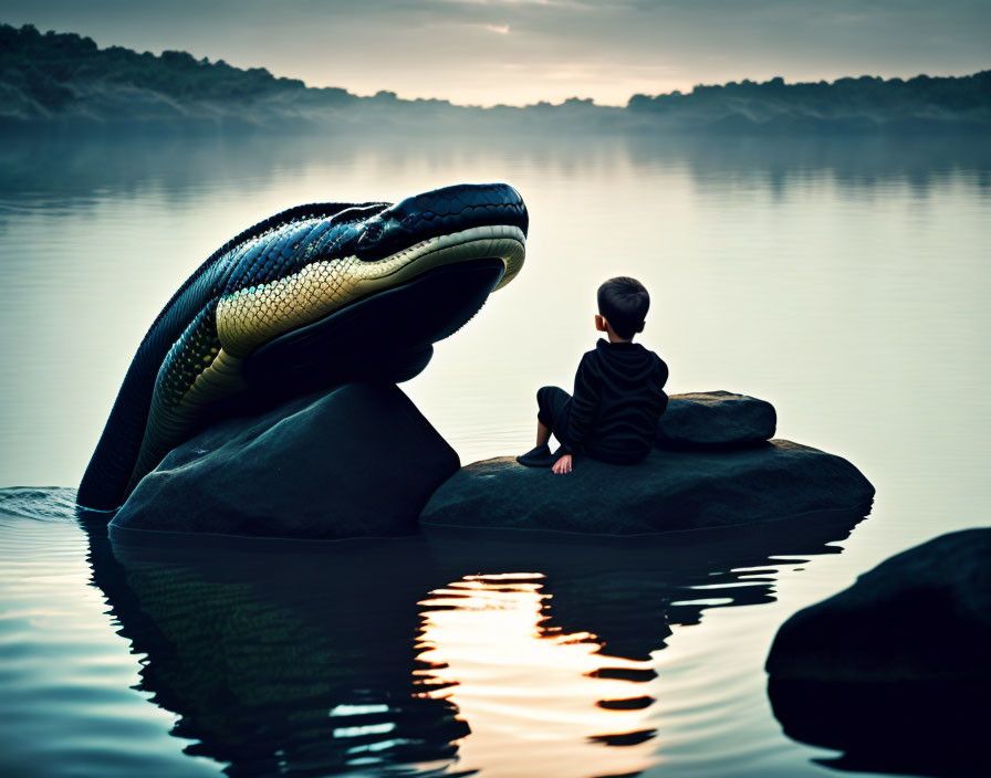 Child sitting on rock beside giant whale in misty water at sunrise