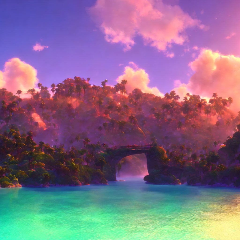 Tropical landscape at sunset with natural arch bridge over river surrounded by lush forests under purple sky