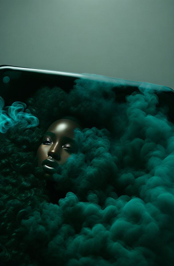 Surreal woman's face in teal smoke on dark background