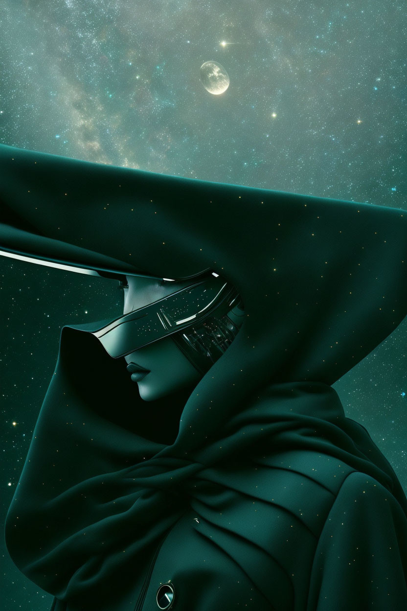 Hooded figure with futuristic visor under starry sky