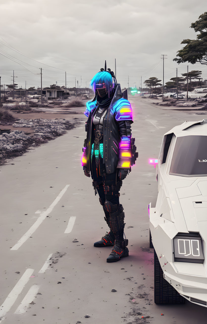 Futuristic figure with neon lights next to white car on empty road