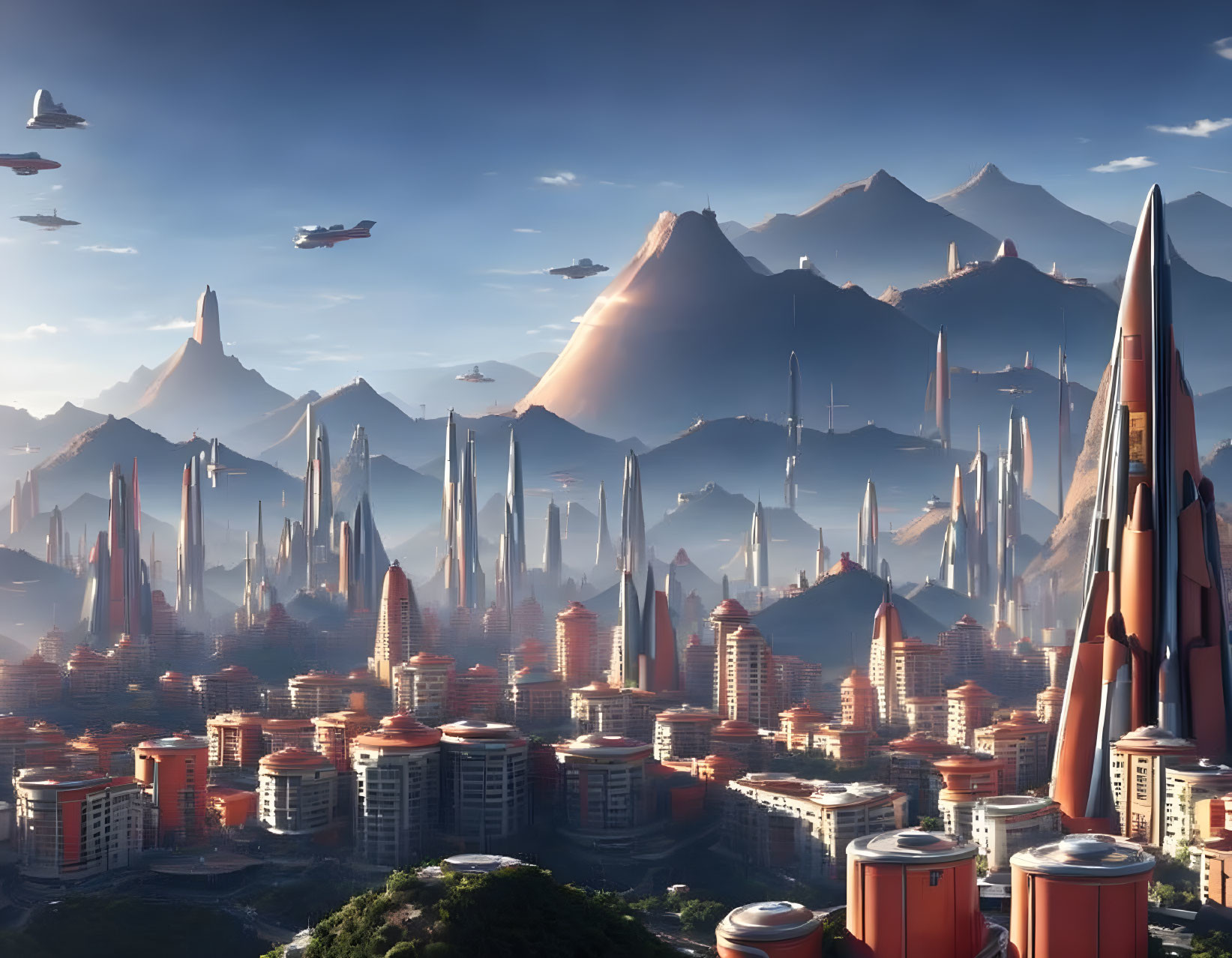 Futuristic cityscape with skyscrapers, flying vehicles, and misty mountains