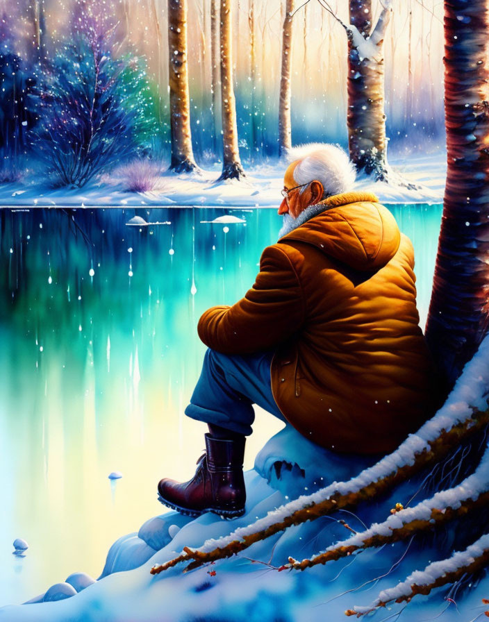 Elderly person in yellow jacket sits by snowy riverbank in serene winter forest