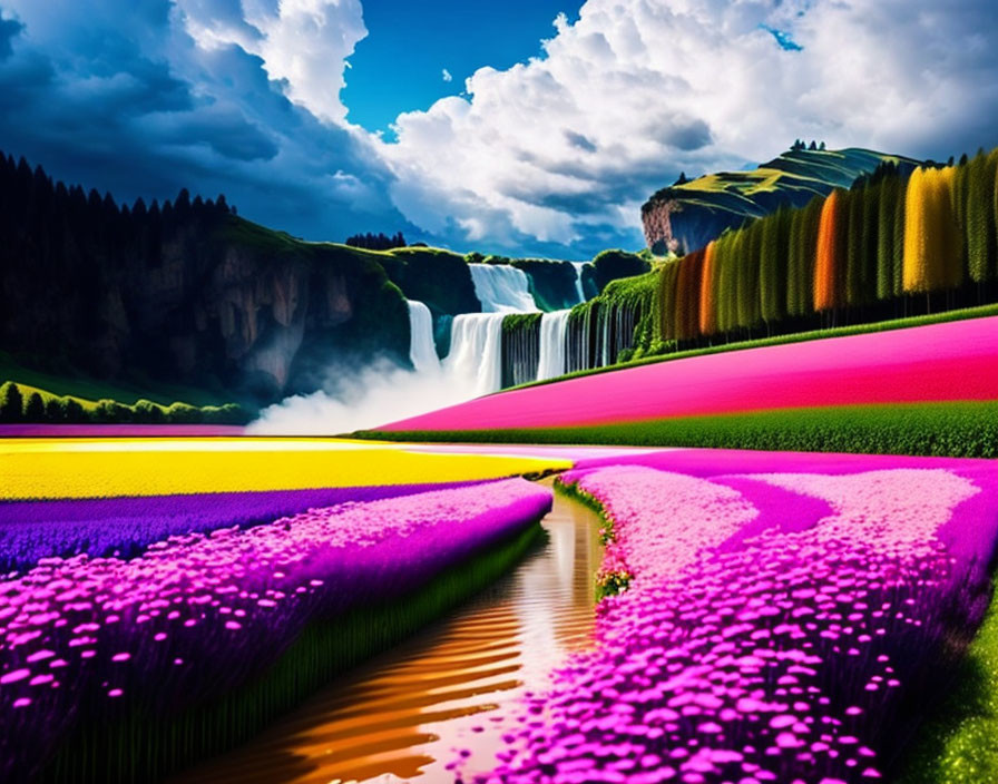 Colorful Flower Fields Leading to Majestic Waterfall and Lush Cliffs