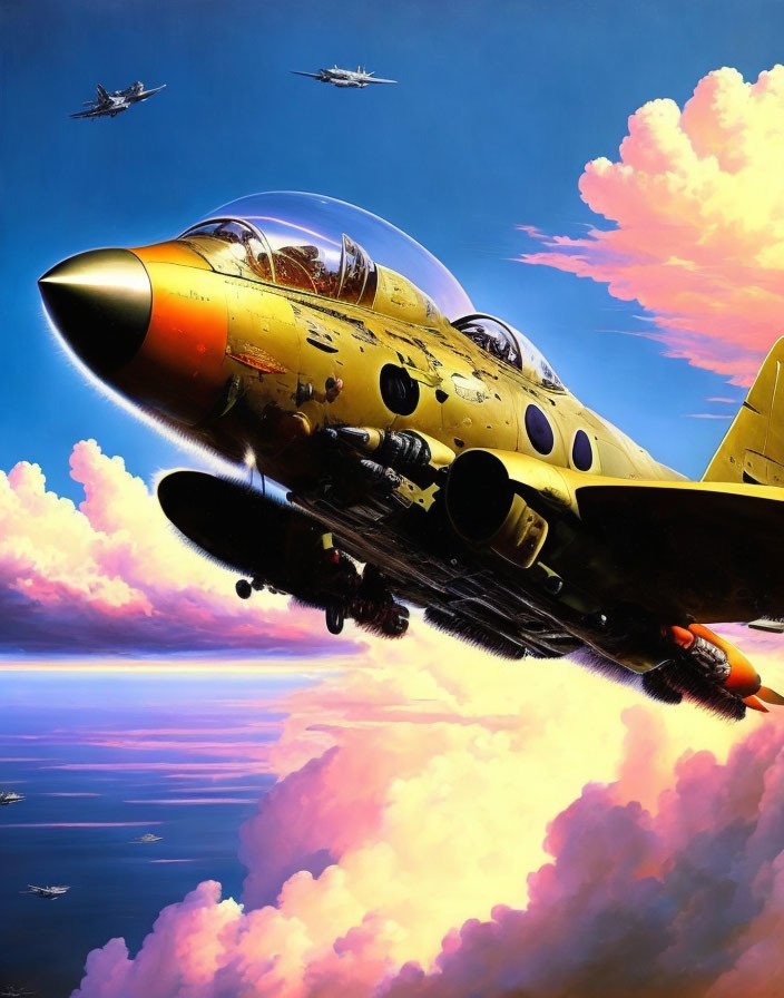 Colorful Fighter Jet Artwork Flying Through Pink and Orange Clouds