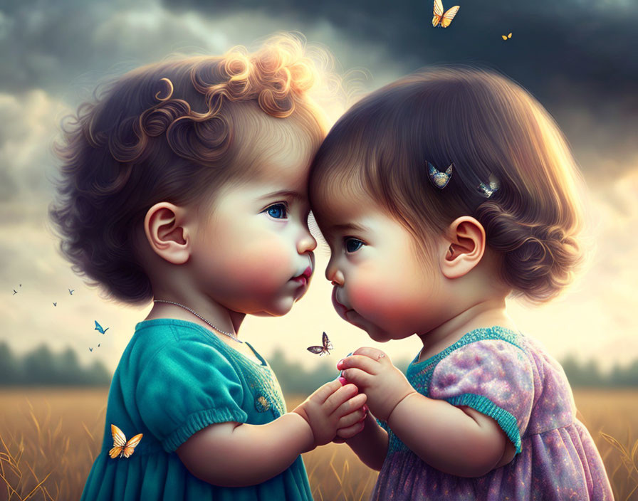 Two toddlers in a field with butterflies, exuding innocence and magic.